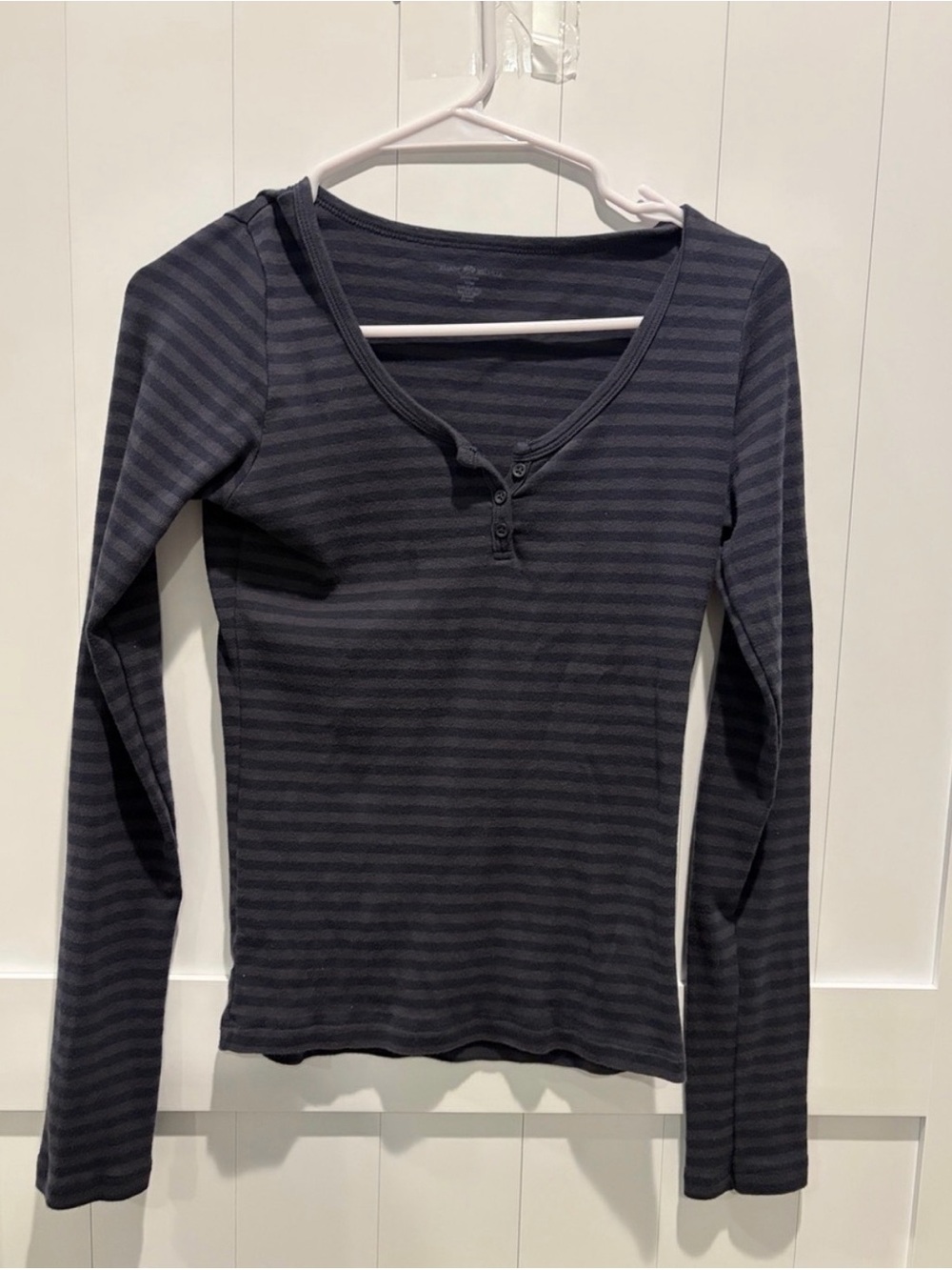 Banana Republic Black and Charcoal Striped Long-Sleeve Henley
